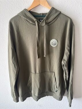 Prana Mens Olive Green French Terry Pullover Hoodie Mountain Logo Patch Size M